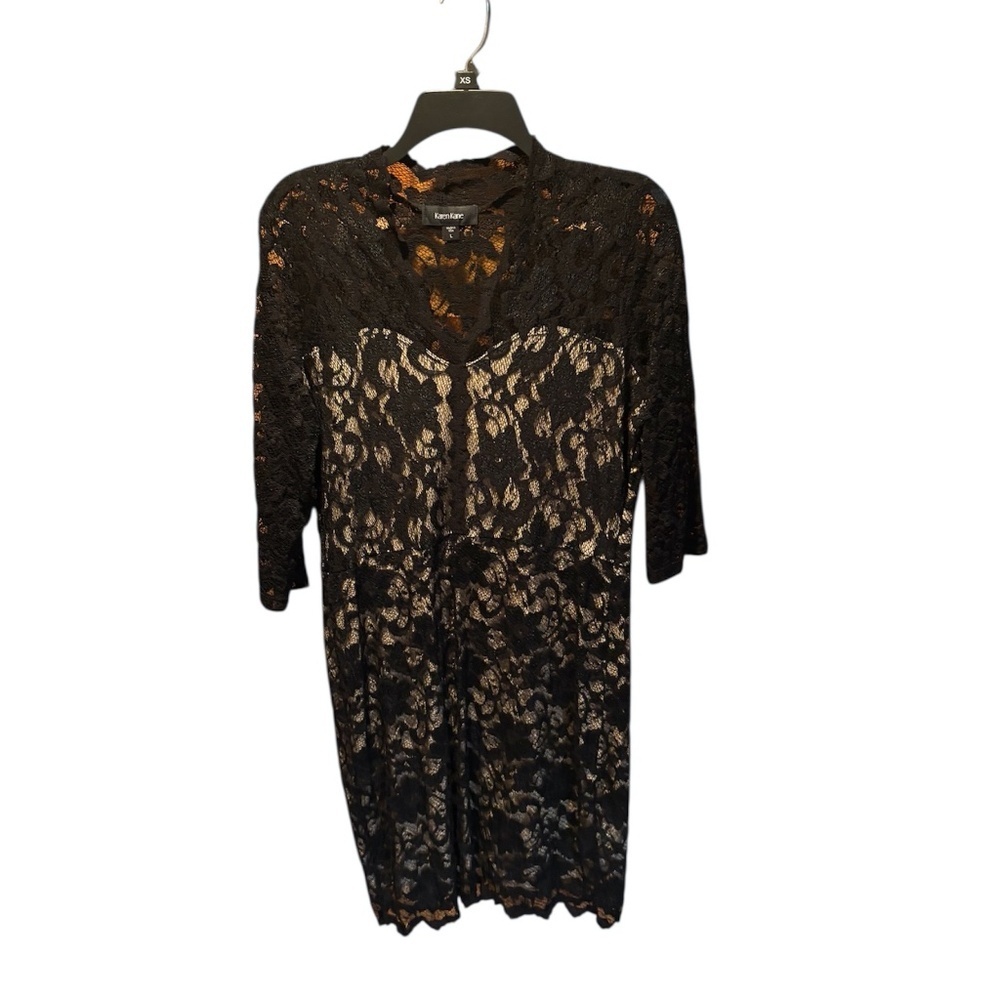 Karen Kane Women's V-neck Scallop Hem Lace Dress Black with Nude Large